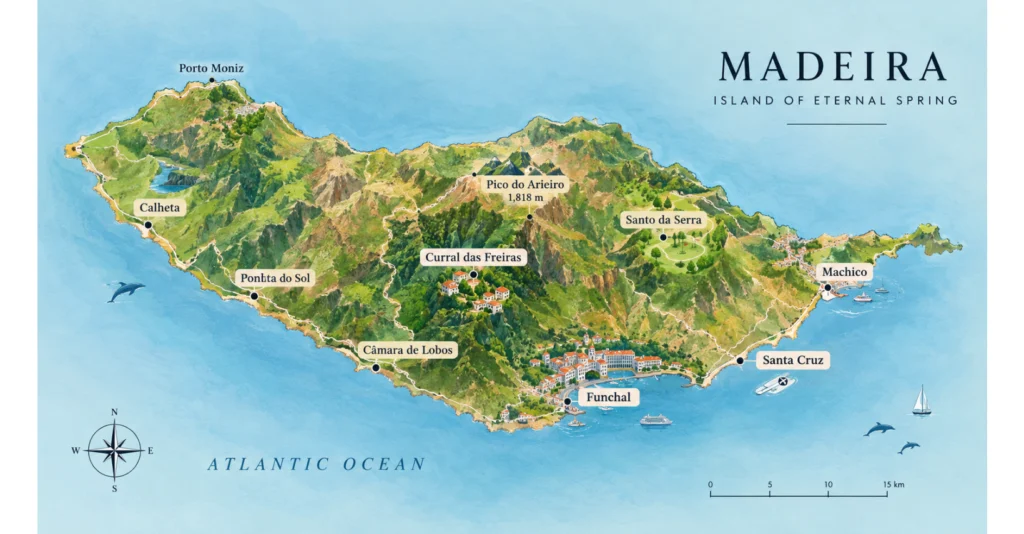 Illustrated map of Madeira showing Funchal, Santa Cruz, Machico, Santo da Serra, Curral das Freiras, Câmara de Lobos, Ponta do Sol, Calheta and Pico do Arieiro.